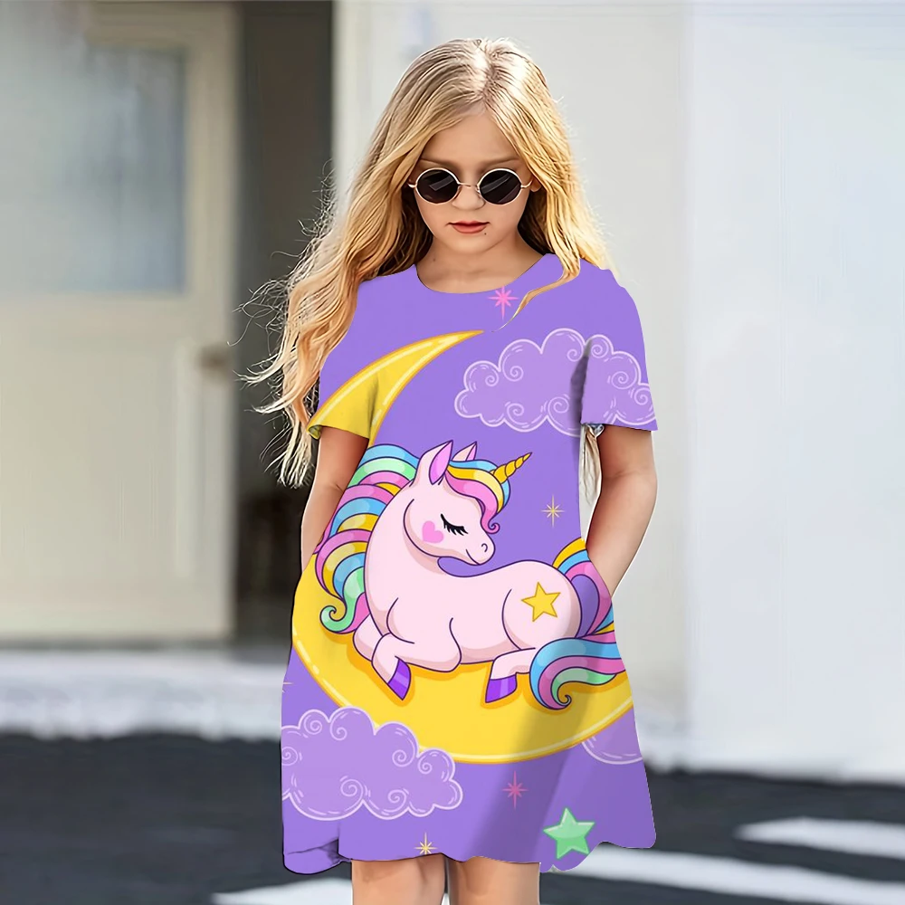 Summer Girls Dress O-Neck Knee-Length Skirt Little Girl Daily Short Sleeve Lovely Unicorns 3d Printing Princess Skirt Clothing