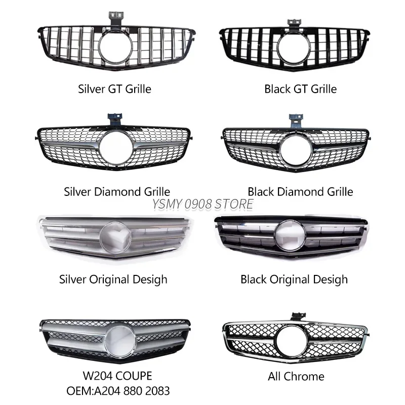 Grelha de amortecedor dianteiro para Mercedes Benz Classe C W204 2008-2012 2013 2014, Modificado Preto ABS Diamante Grelhas De Corrida, Estilo Do Carro, 1PC