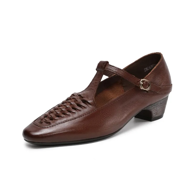 

Женские туфли на среднем каблуке 2026: ручная работа, плетеные, с неглубоким квадратным носком, из натуральной коровьей кожи, с вырезами, дышащие, с ремешком на пряжке