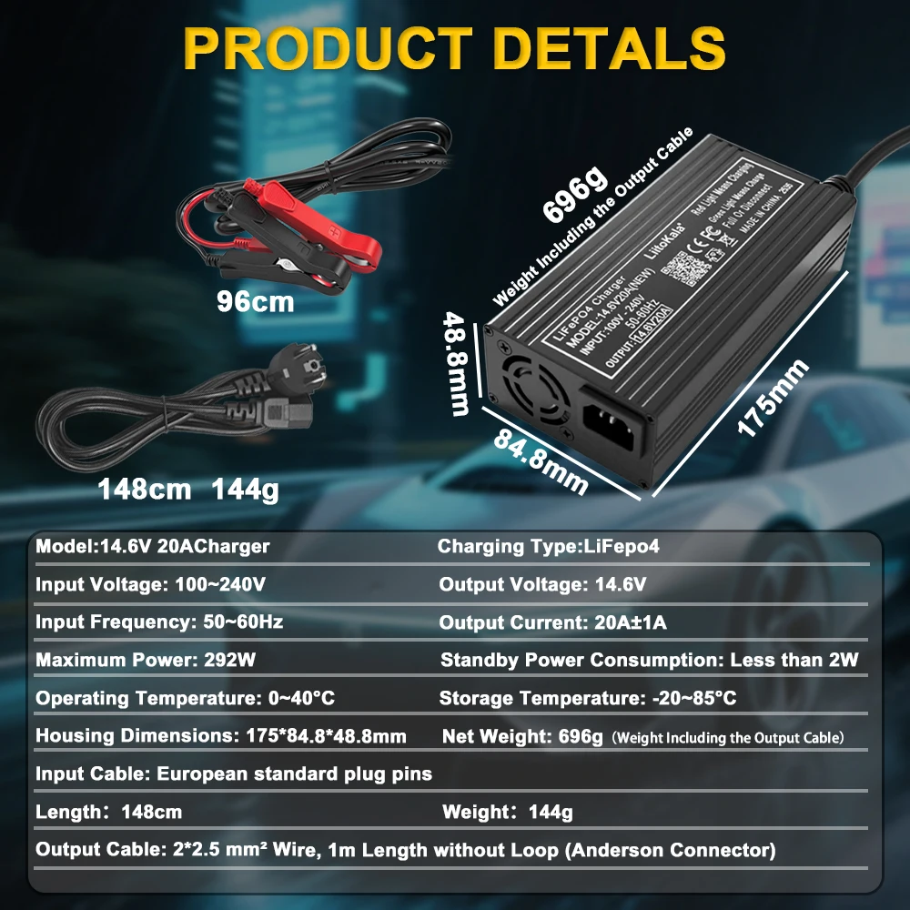 1-5 Stück Ausgang 14,6V 20A für 12V20A 4S LiFePO4 Batterieladegerät mit EU- und US-Steckerklemmen, Lade-DC-Adapter, Eingang 100-240V, Klemmkopf