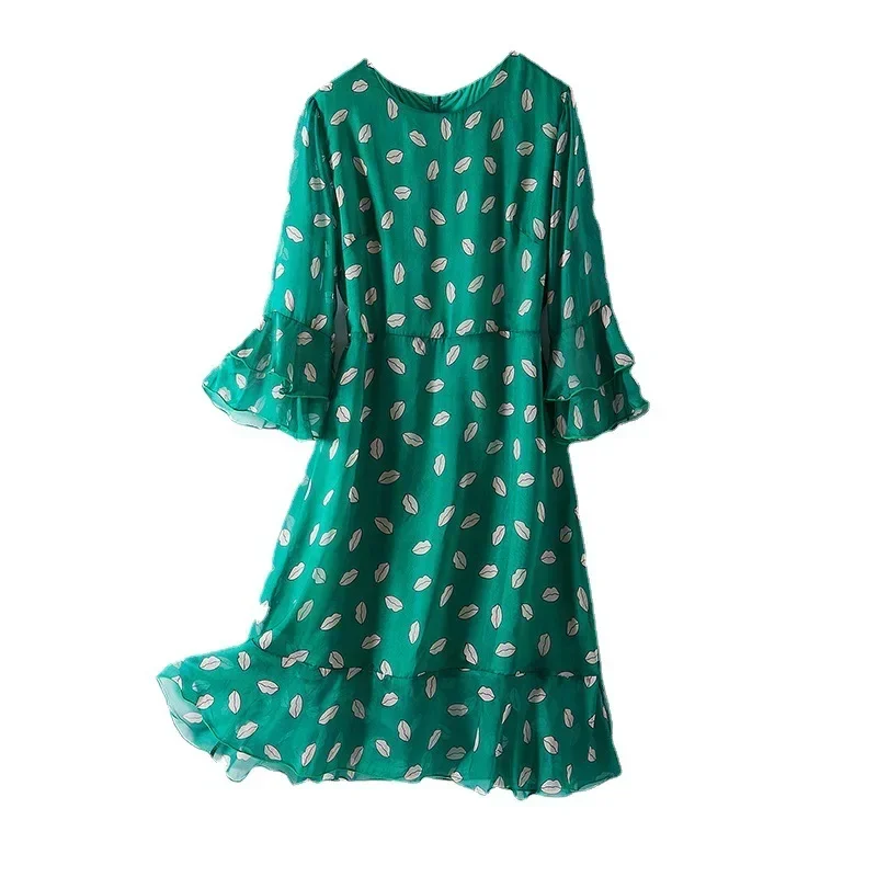 Mid-length Dresses For Women Fashion O-neck Green Dress Summer Dress Women Clothing Real Mulberry Silk Dress Vestidos De Mujer Z