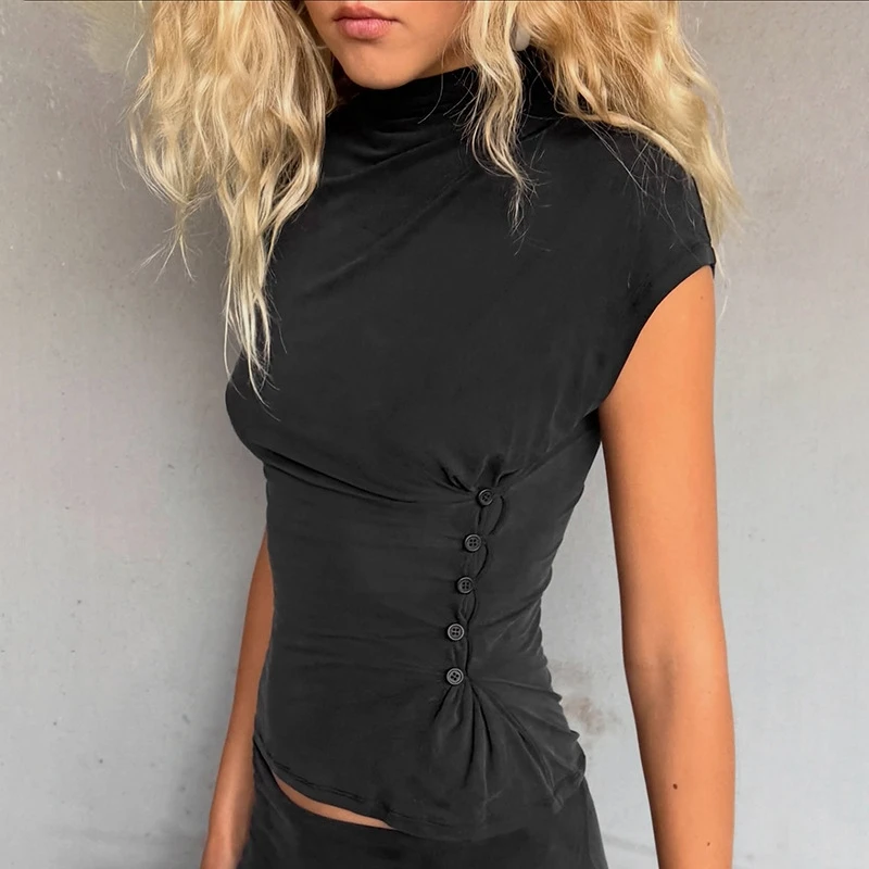 Women's Slim Fit T-Shirt Pure Color Half High Collar Button Waist Snapped Top Commute Style Summer New Arrival