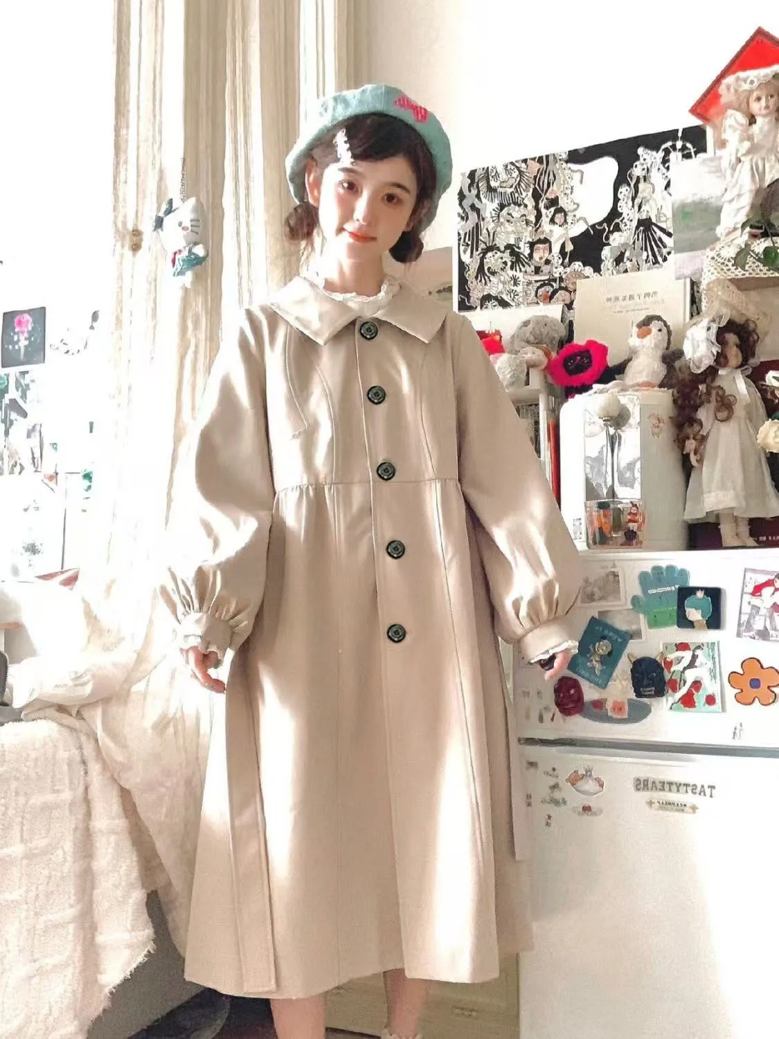 

Woman Trench Coat Monochromatic Chinese-Style Khaki Green Overgarment Pcs Grain Outercoat High-Waist Young Kawaii Solid-Color