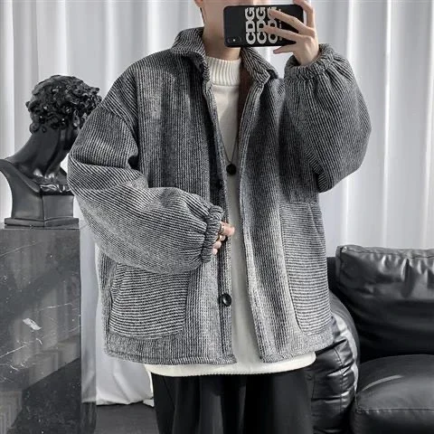 

Corduroy Cotton Coat Men's Winter Plus Velvet Thickened Loose Casual Jacket Hong Kong Style Brand Handsome Pure Color