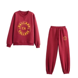 Tangada 2024 Winter Women Red Print Fleece Sweatshirt Pants Trousers Stretchy Waist Female Pants 6H0399