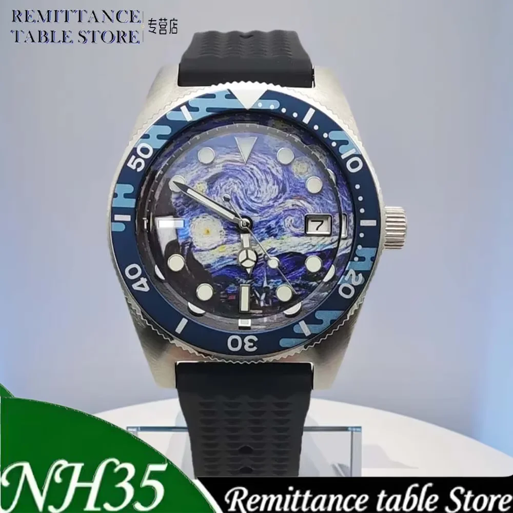 New Parnsrpe NH35 Men Sport Automatic Mechanical Watch 40mm Art Dial Blue Bezel Date Sapphire Glass 316L Stainless Steel Daily