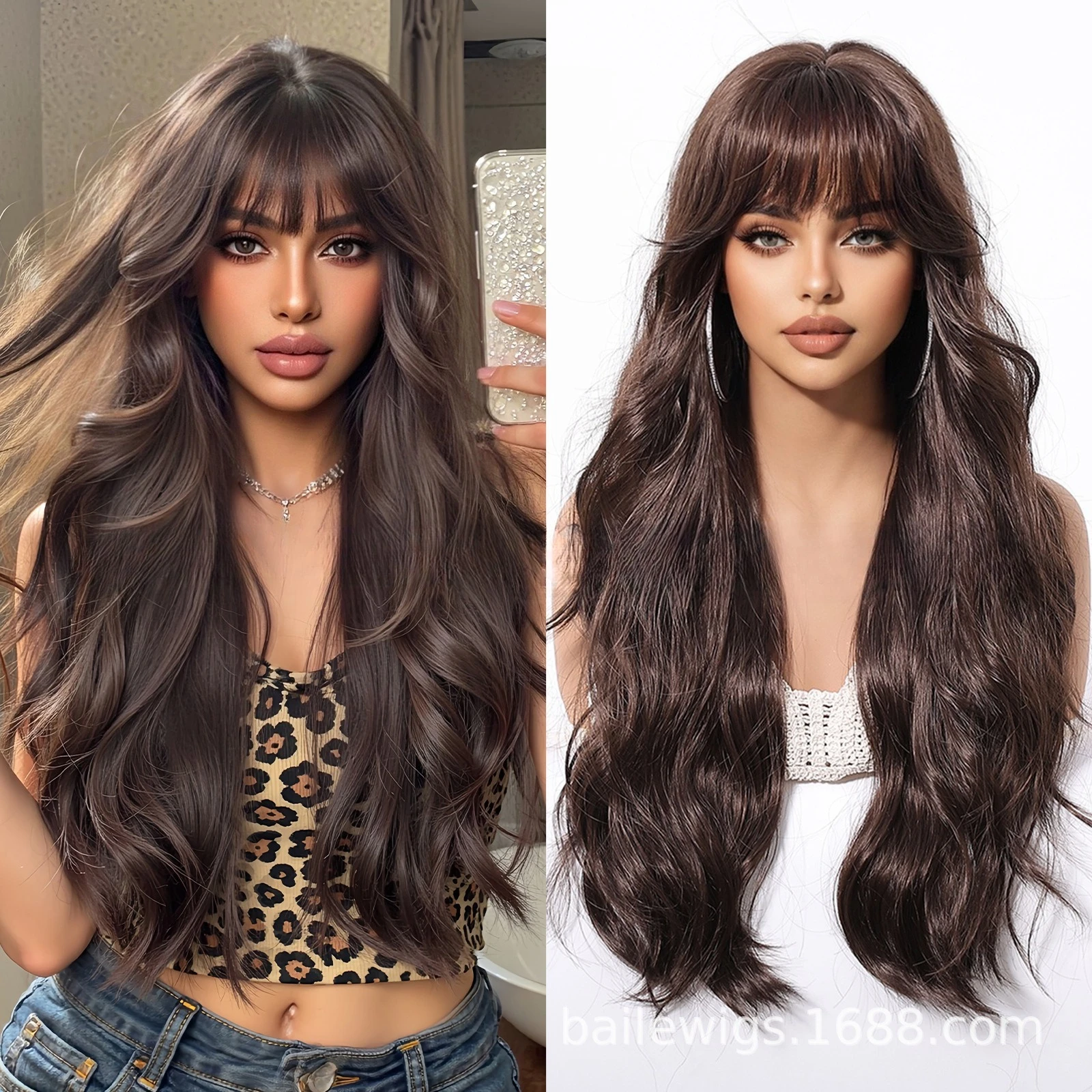 

New wig brown 26 inches Qi bangs long curly hair full head cover chemical fiber women's hair European and American