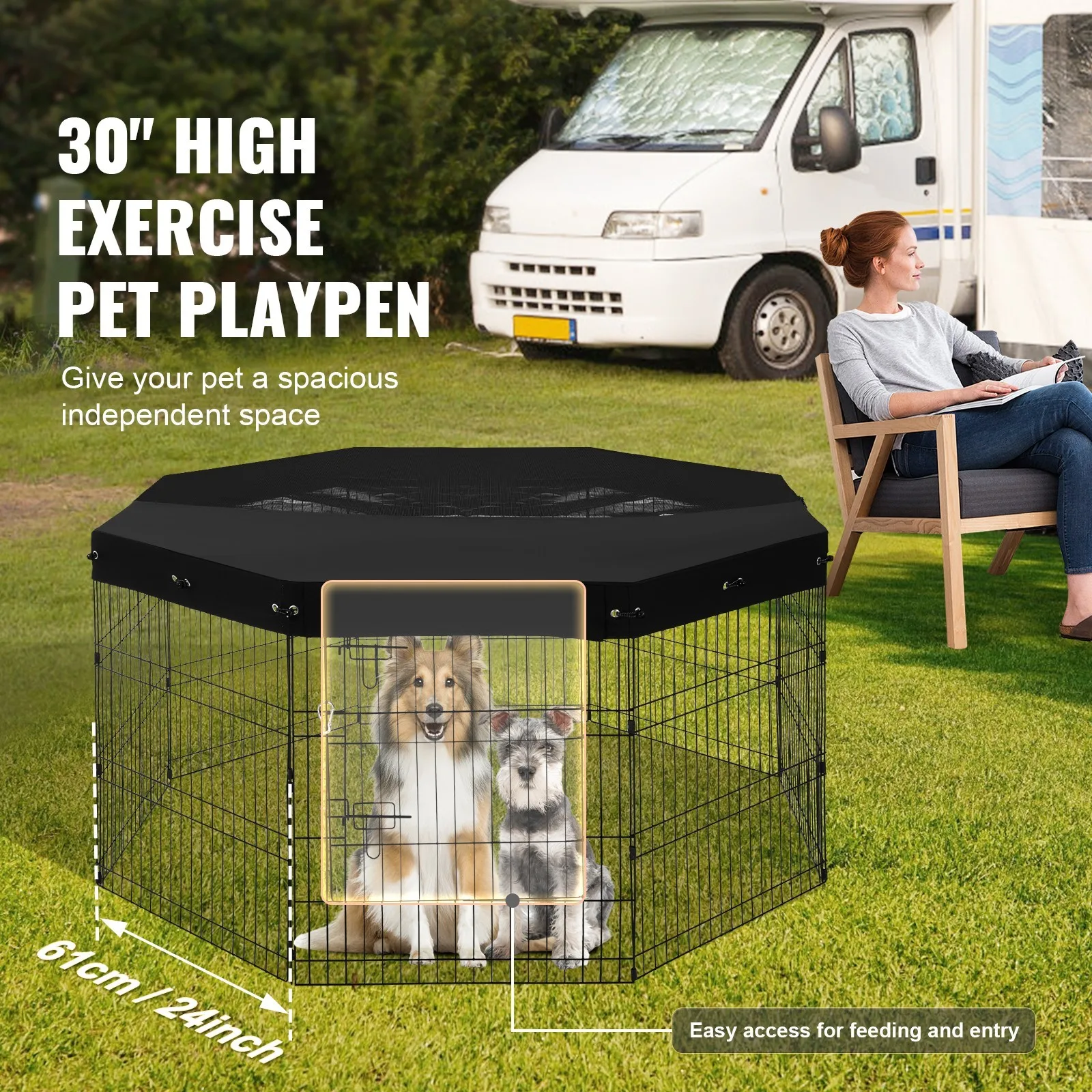 

Dog Playpen 8 Panels Foldable Metal Dog Exercise Pen with Top Cover 30"H