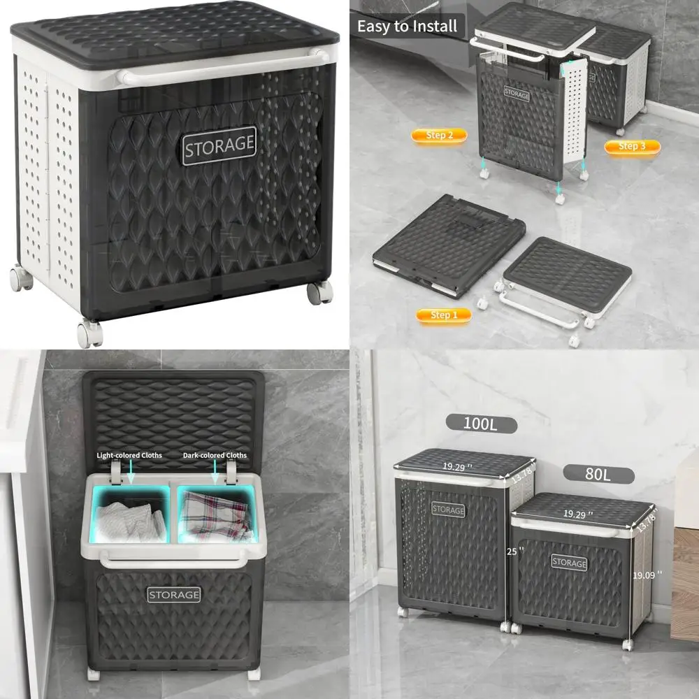 

Rolling Foldable Laundry Hamper with Lid for Compact Spaces: Portable Clothes Basket for Home and Bathroom Use