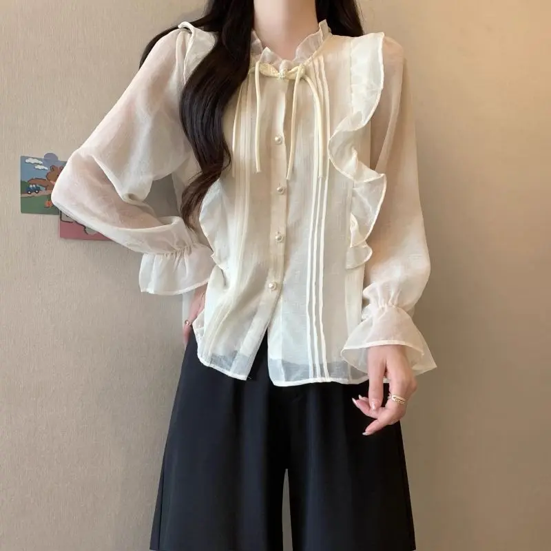 2024 New Summer Chinese Style High Waist Sweet Loose Women's Shirt Polyester Ruffled Flare Sleeve Solid Folds Button Chic Tops