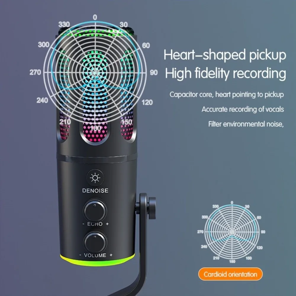 Micrófono portátil de condensador de luz RGB para videojuegos, sonido claro, sin ruido, USB, micrófono silencioso con un solo clic para grabación en Streaming