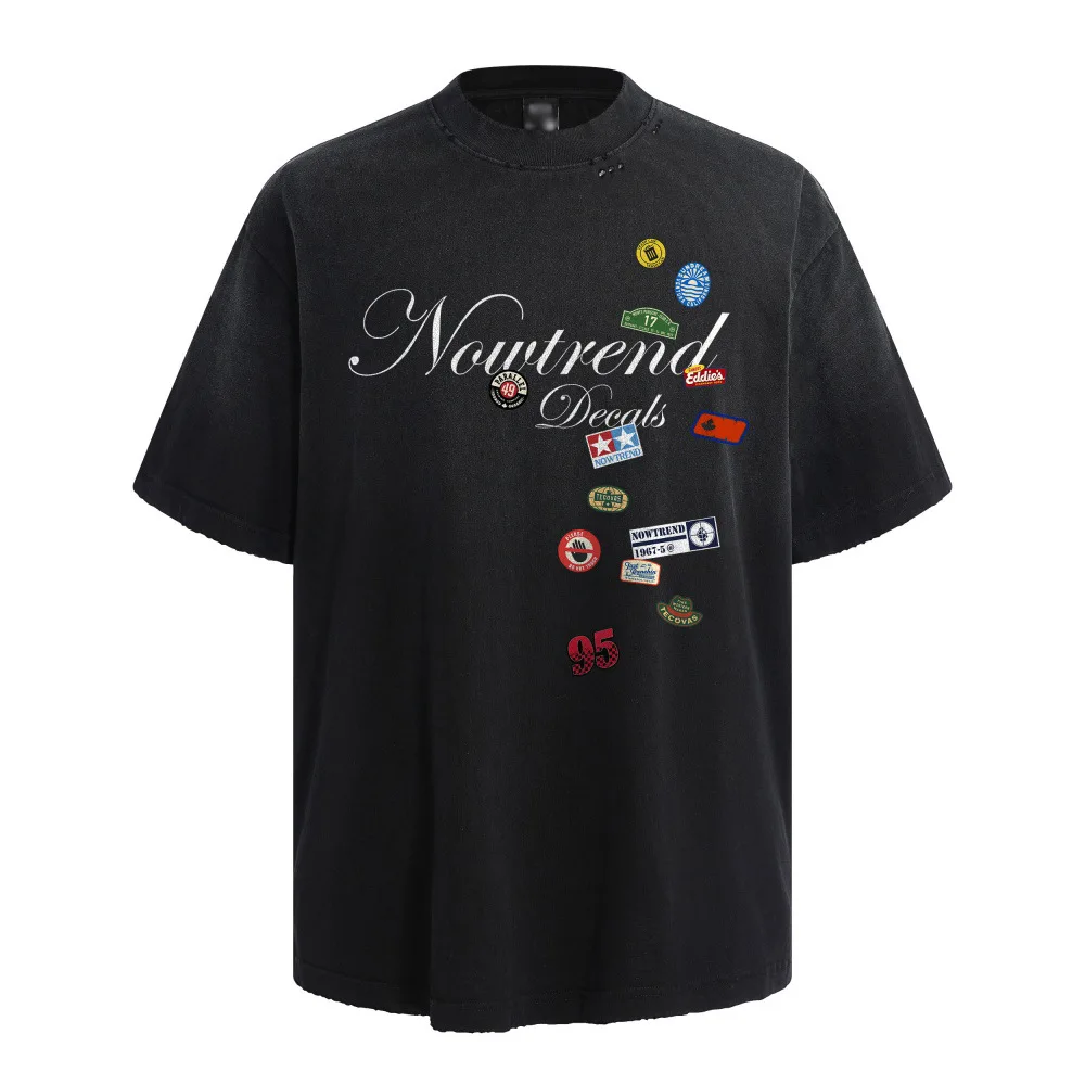 

Men's High Street Vintage Ripped T Shirt Fashion Streetwear Printed Tees Summer Short Sleeve Washed Retro Tops Loose Fit