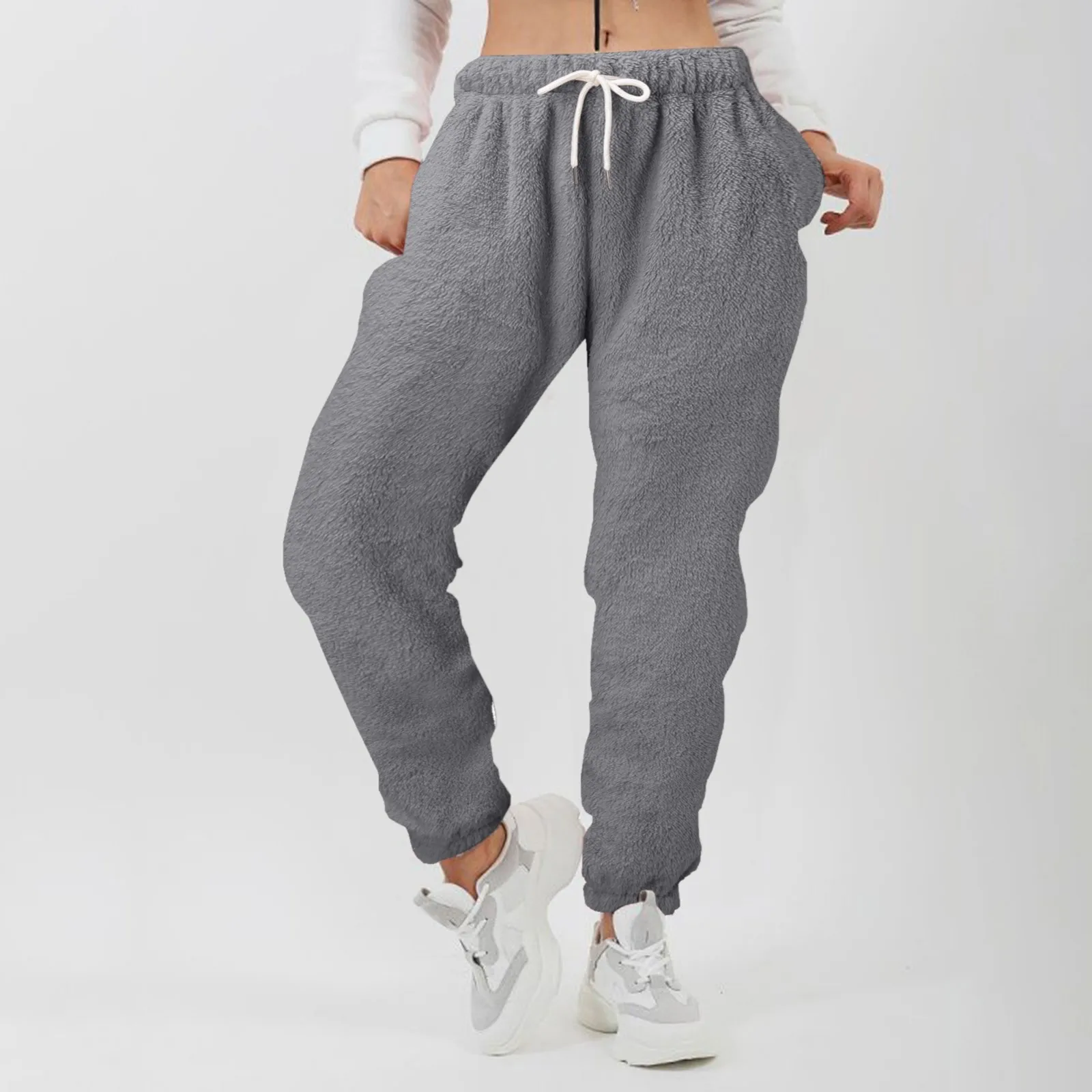 Autumn Winter Fuzzy Sweatpants Women Pockets Pink Elastic High Waist Casual Lounge Home-Wear Loose Joggers Trousers Streetwear