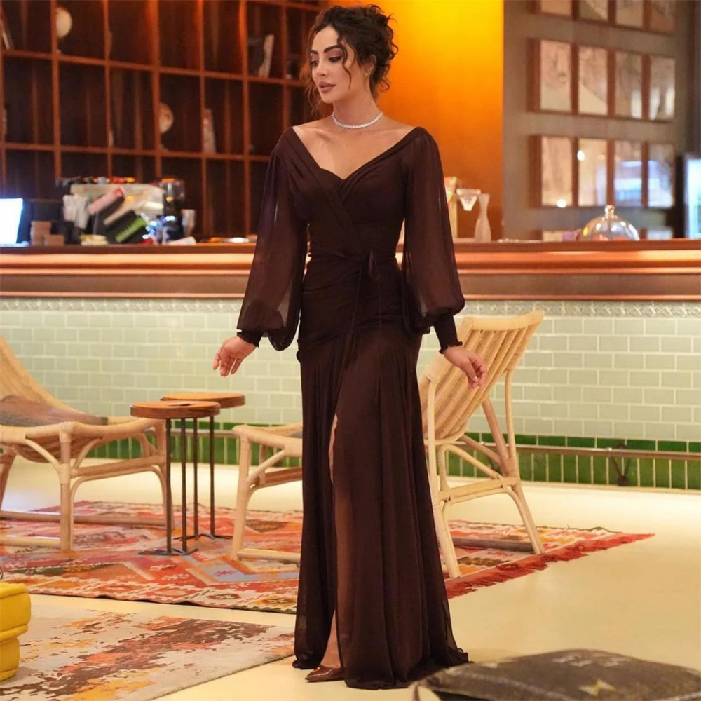 

Fashion V-Neck Mermiad Chocolate Chiffon Prom Dress Women Floor-length Evening Party Gown Formal Occasion Dresses فساتين السهرة