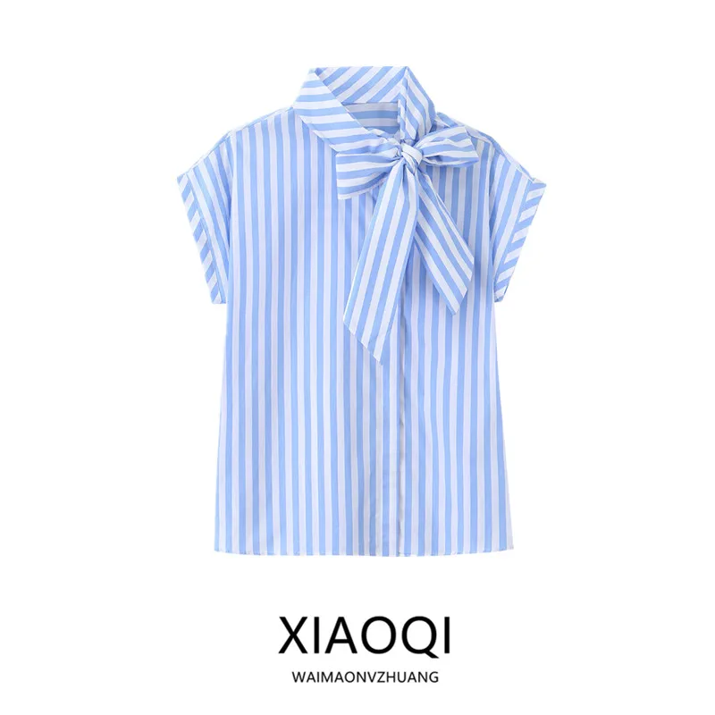 

Summer 2026 New Women's Shirt Short Sleeve Stand Collar Knot Stripe Design Commute Style Straight Cut Other Material