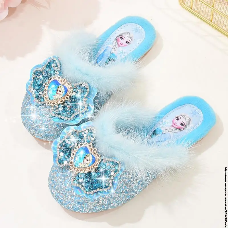 Disney Girls Fur Slipper Frozen Sequined Princesse Children Party Dress Elsa Shoes Leather Home Slipper For Kids Slides