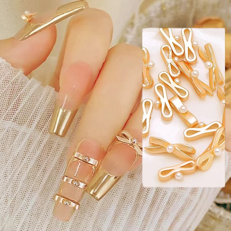 10 個ゴールドシルバーバレエリボンネイルチャーム 3D パールバレリーナ合金弓リボンネイル装飾部品 DIY レトロフレンチネイルアート部品