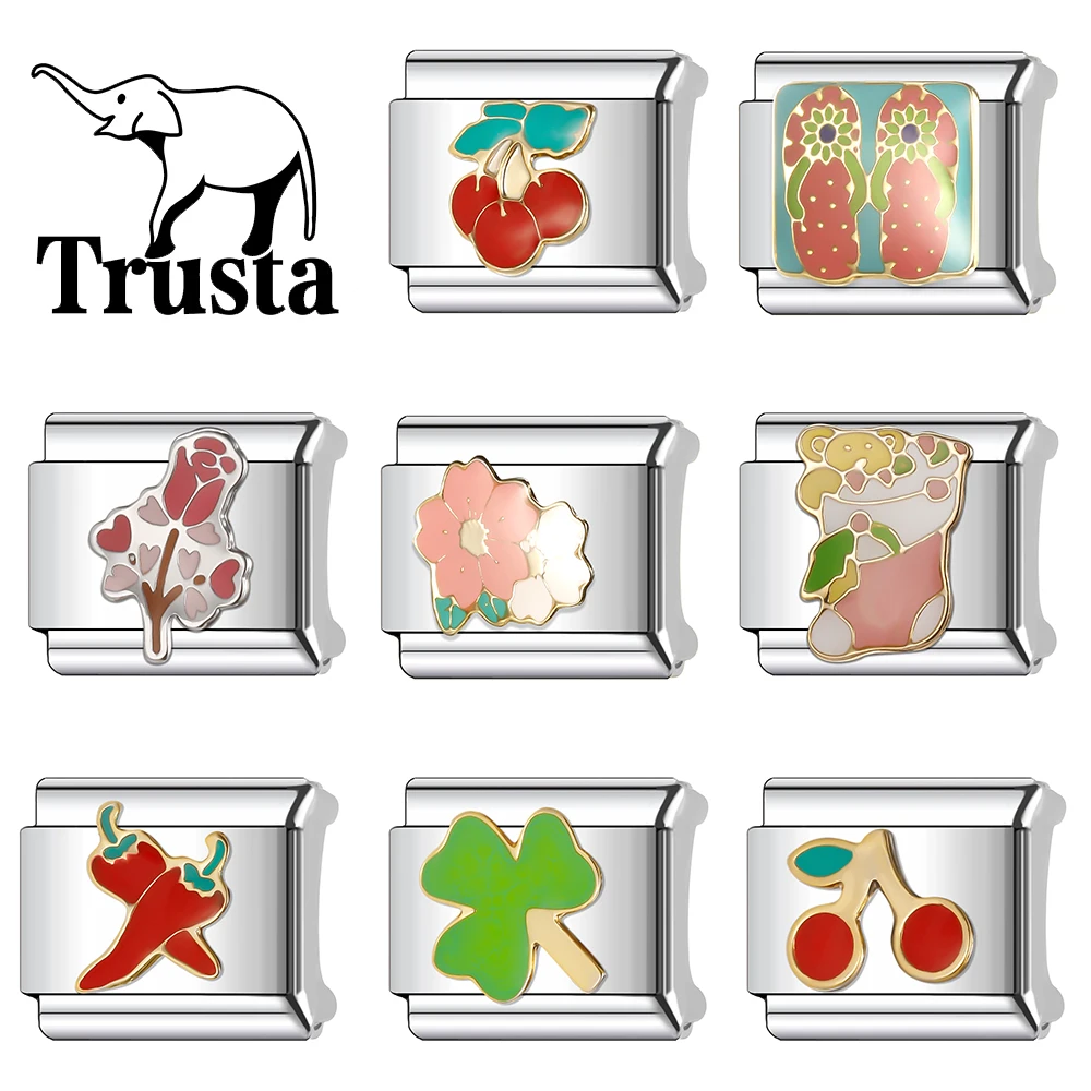 Trusta 2024 Fruits Flowers Cherry Pepper Charm Italian Links 9mm Stainless Steel Bracelet For Women DIY Jewelry Wholesale N015