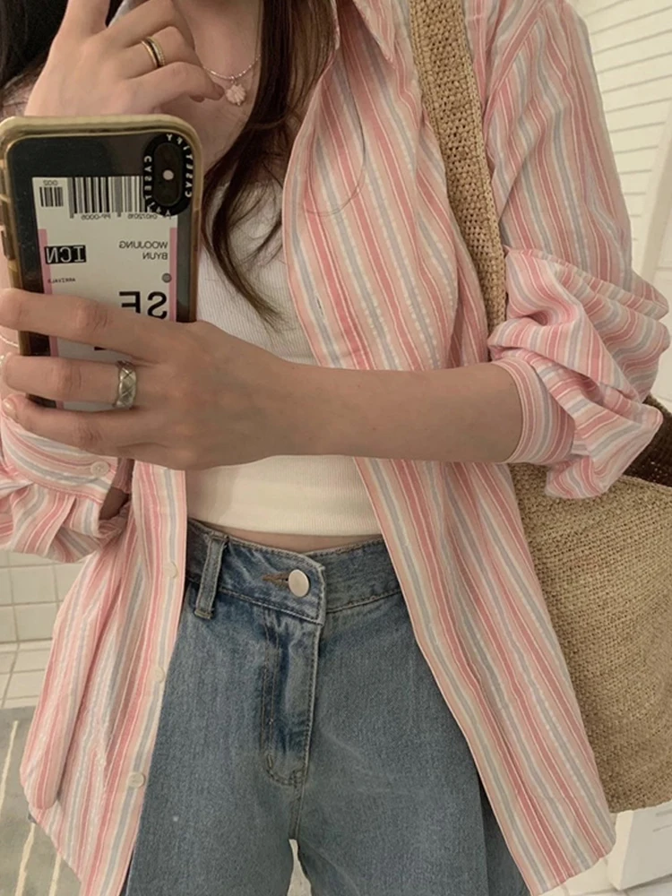 

Fre Striped Women's Summer irt Loose Long Sve Single Button Cardigan Korean Sle Lazy Faion Korean Version Collar