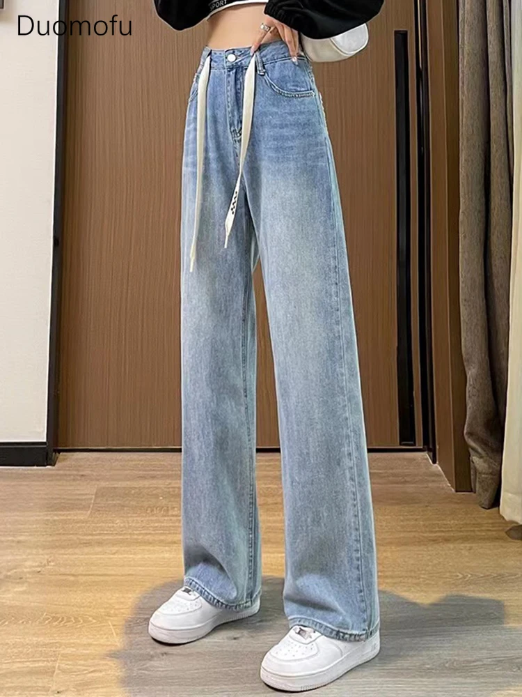 

Duomofu Summer Chic Drawstring High Waist Slim Female Jeans Korean Loose Straight Full Length Fashion Simple Casual Women Jeans