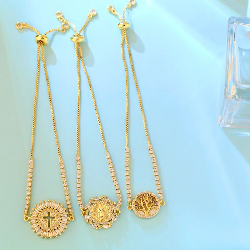 FLOLA Gold Plated Round Cross Virgin Mary Bracelets Women Stone Tree Of Life Bolo Bracelet Bangle CZ Wholesale Jewelry brtd12