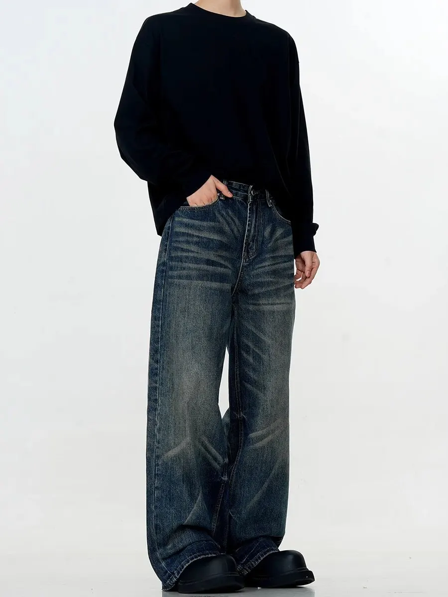 미국 빈티지 루즈 스트레이트 레그 남성용 청바지 워싱 디스트레스드 캐주얼 내구성 중간 높이 허리 긴 바지