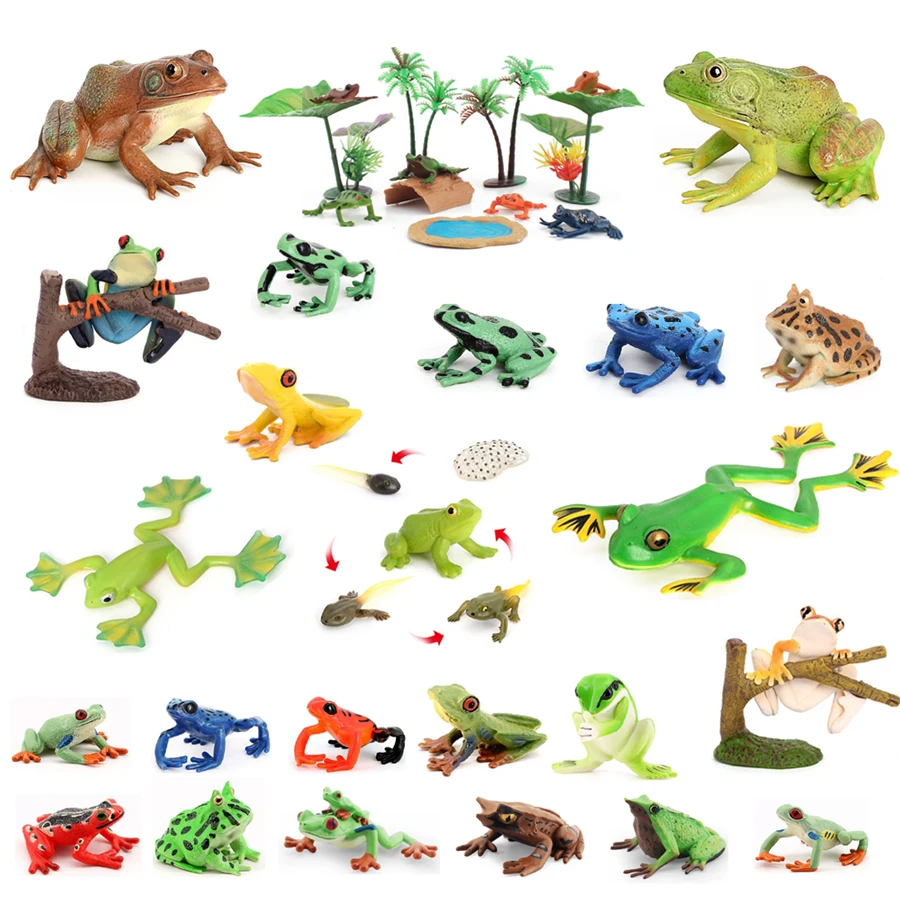 Realistic Plastic Rainforest Woodland Animals Toy Bullfrog Tree Frog Pacman Frogs Model Figures Garden Flowerpot Plants Decor
