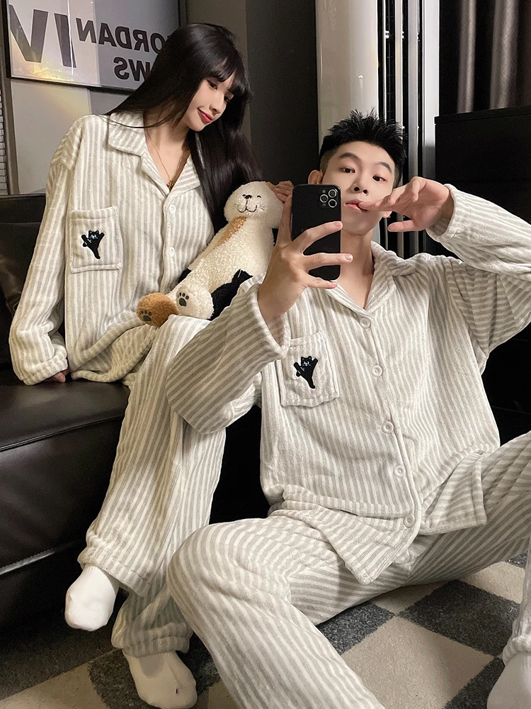DAIMELU sleepwear set male striped long sleeved pajamas men's winter coral fleece thickened warm high-end boy loungewear set