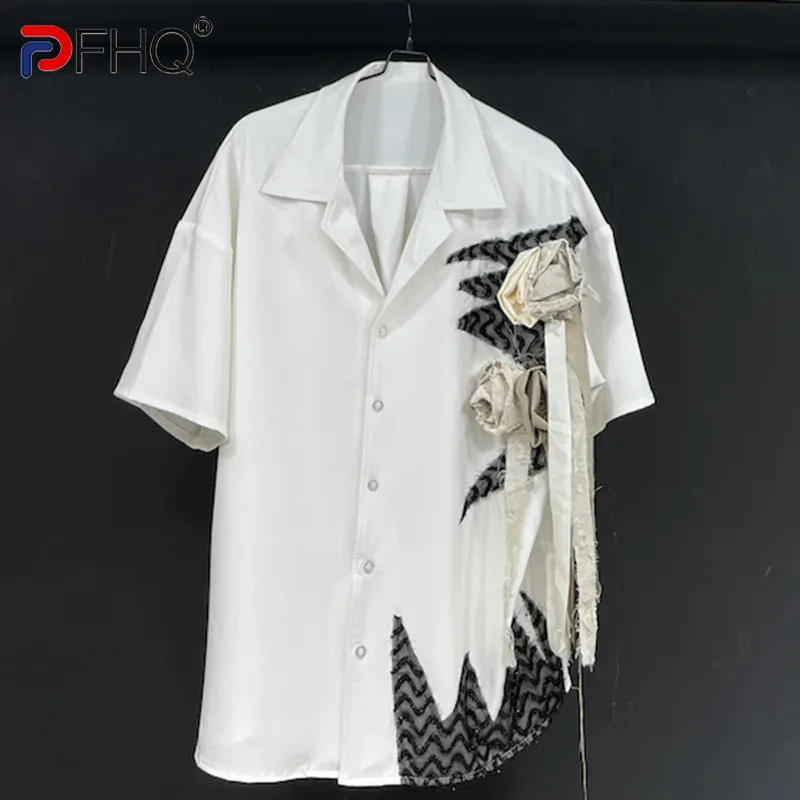 PFHQ Silhouette Rose Ribbon Shirt Short Sleeved Men's Trendy 2024 Turn-down Collar Contrast Color Male Tops Fashion 21Z5102