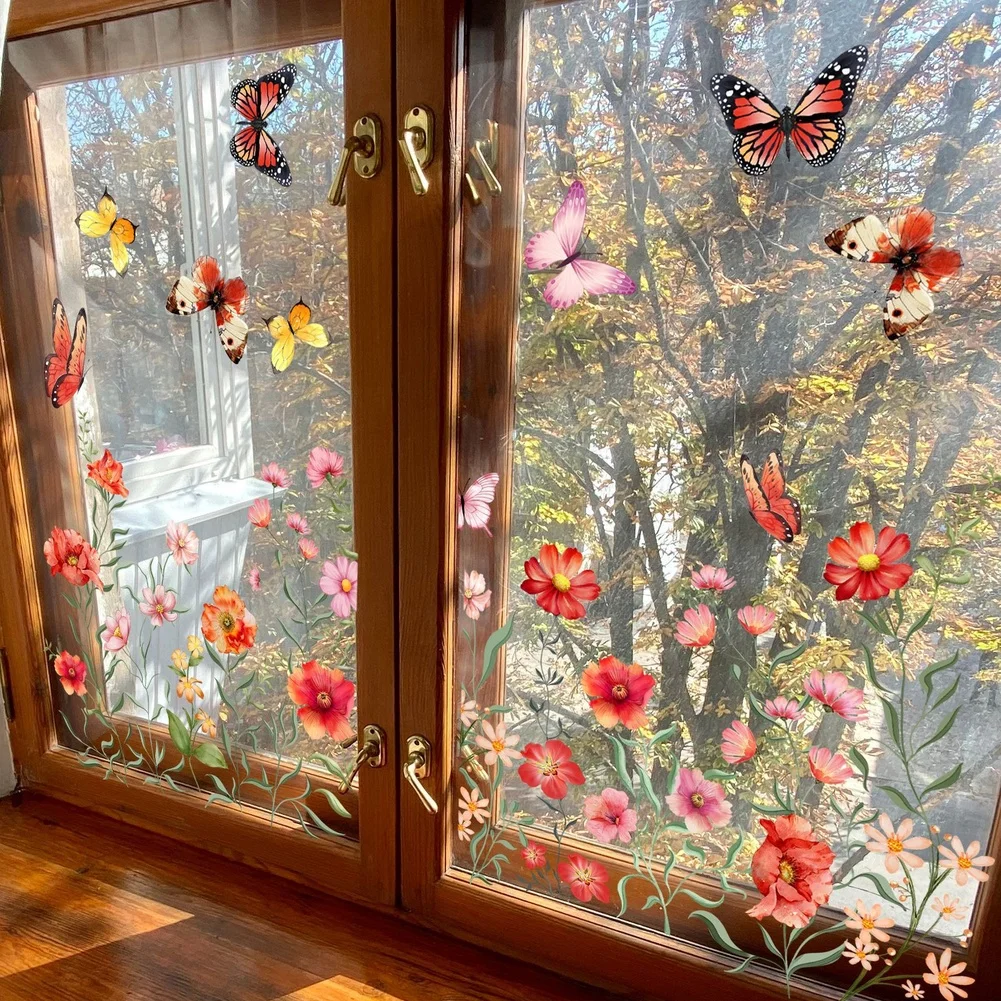 Floral Wall Decal Red Wildflower Sticker Vibrant Red Motif Natural Lively Design Damage Free Application for static Cling Wall
