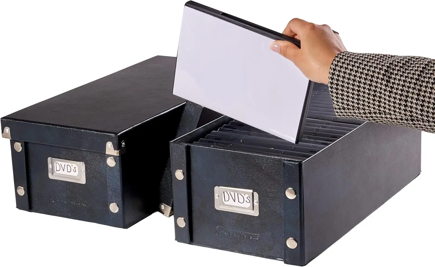 

-Store DVD Storage Box - 2 Pack - 6 x 8.2 x 16.5 Inch Movie Organizers - Disc Holders with Lids to Store up to 52 DVD Case