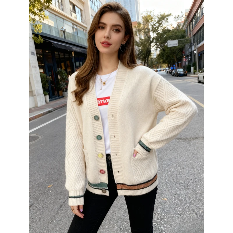 

Autumn Winter Women's Long Sleeve V-Neck Knitted Cardiga, Colorful Buttons, Casual Chic Daily Fashion Warm Outerwear