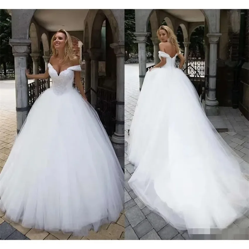 

Off The Shoulder Elegant Wedding Dresses For Women Tulle Sweep Train Lace Appliques Custom Made Bridal Gowns Vestido De Novia