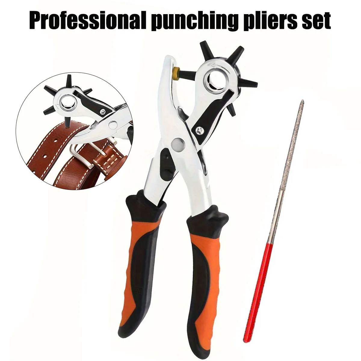 Leather Hole Punch,Heavy Duty Revolving Eyelet Punch and a Hole Grinding Rod,Handy Belt Drilling Tool