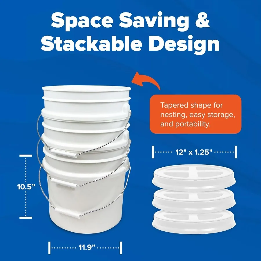 دلو أبيض سعة 3.5 جالون مع برغي جاما أصفر على الغطاء (عبوة من 6 قطع)، تخزين للطعام، بلاستيك HPDE ممتاز، خالي من مادة BPA، متين #2