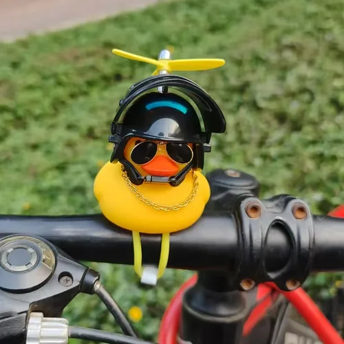 Bonito pato de goma para manillar de bicicleta, decoración de bicicleta con hélices, gafas, cadena dorada, casco de campana amarillo y negro con correa