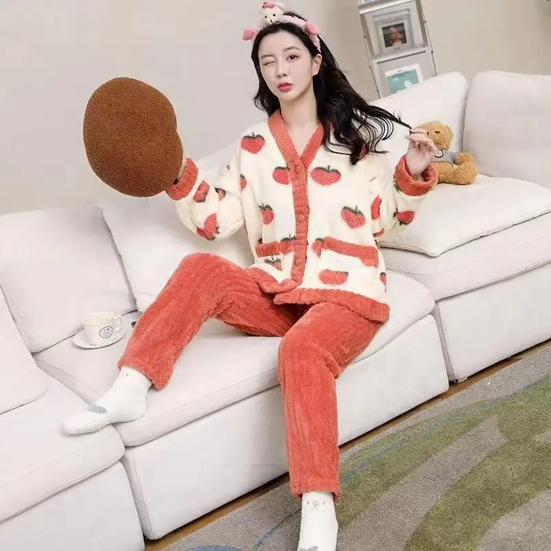 2023 Winter New Women Fleece-Lined Thickened Long Sleeve Coral Velvet Pajamas Fashion Sweet Home Wear Flannel Daily Wear Suit