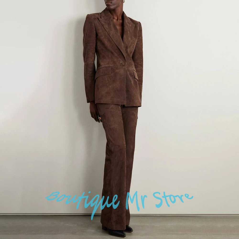 Luxury Women's Brown Suede Double-Breasted Peaked Lapel Blazer and Flared Pants Suit for Business Office Lady Outerwears