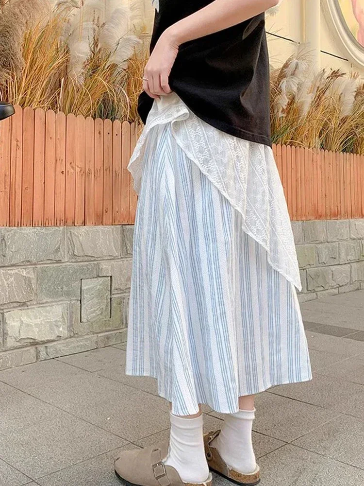 

Vintage Striped Long Skirts Women Lace Patchwork Sweet French Skirt Casual Loose Preppy Style Female Design A Line Skirt