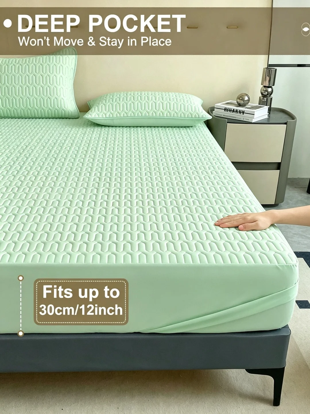Integrated quilted waterproof mattress protection pad, without pillow and mattress core, soft and comfortable green bedding matt