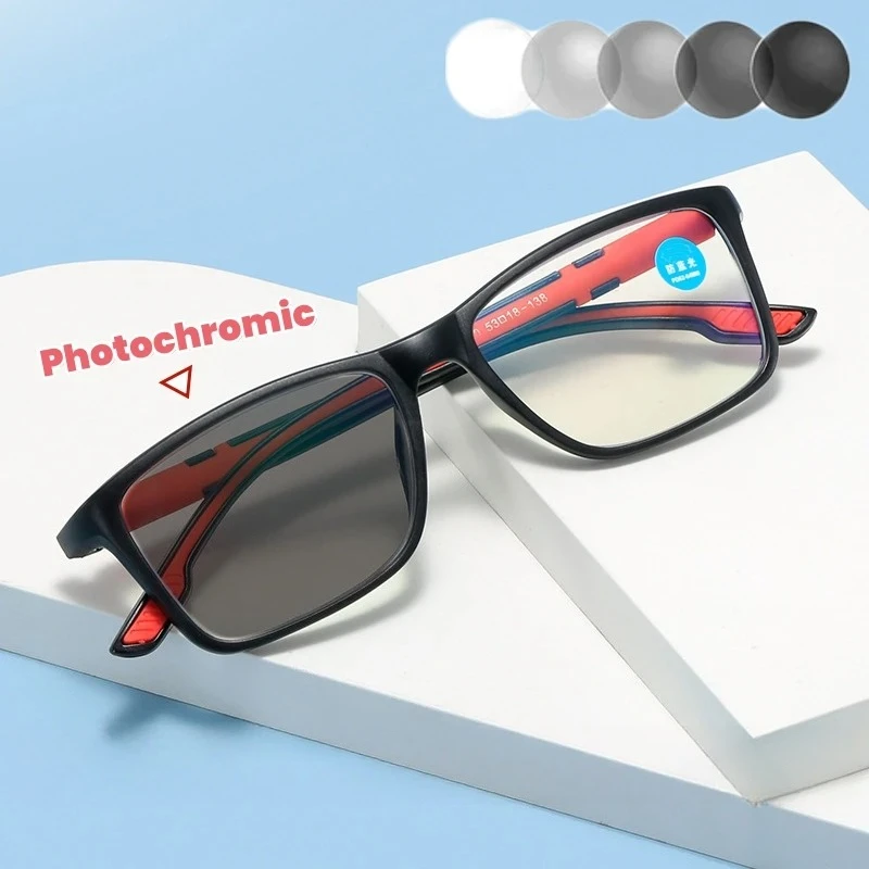 Photochrome Myopie-Brille für Männer und Frauen, Sport, Anti-Blaulicht, Nahsichtbrille, Farbwechsel, schwarz-roter Rahmen – Detail 2