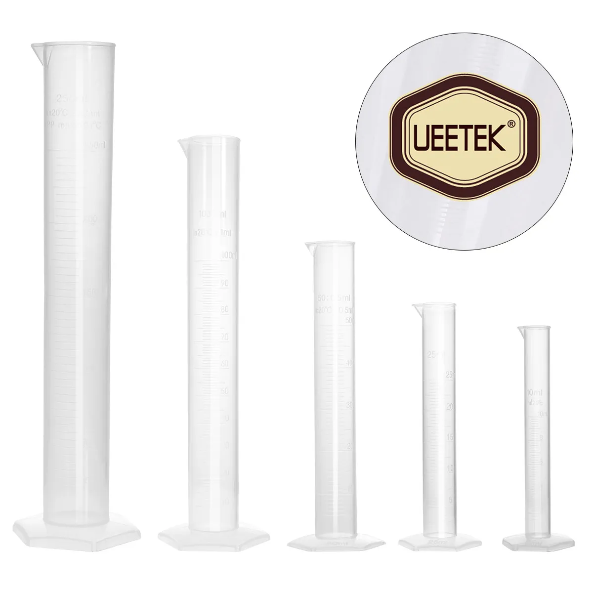 5Pcs Transparent Plastic Graduated Measuring Cylinder Set for Lab Home 10ml 25ml 50ml 100ml 250ml Roll-Resistant Stable