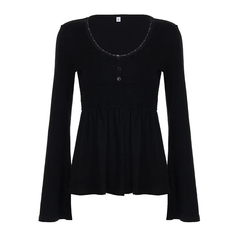 Camisa Feminina com Detalhes em Renda e Botões, Mangas Largadas, Top de Tricô Casual com Decote em V, Estilo Y2K, Roupas de Outono Fairycore
