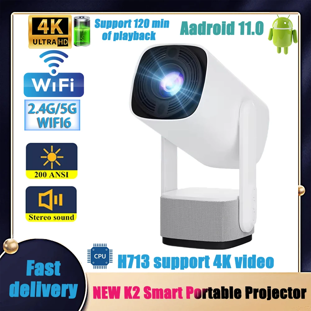 2024 Convenient Projector K2/ky320 Smart Android 11 Built-in Battery Autofocus Bluetooth WIFI6 BT5.2 200ANSI 4K Video Projectors