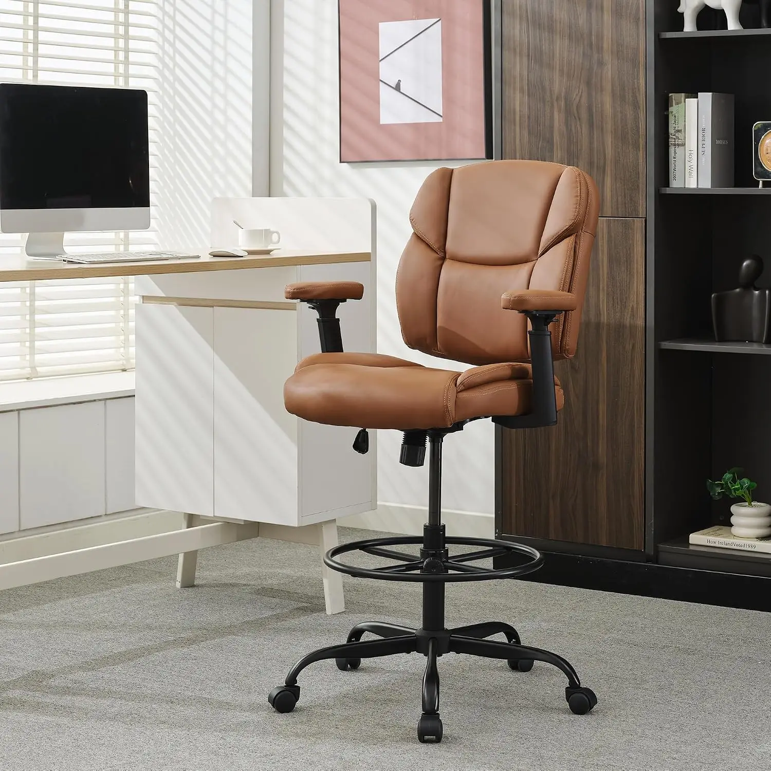 Okeysen Drafting Chair Standing Desk Chair, 500 LBS Leather Big and Tall Office Chair with Adjustable Armrests & Foot Ring, Mode