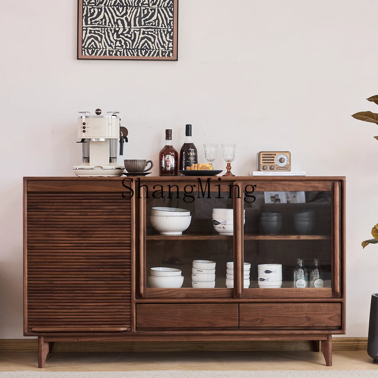 

CL Rolling Door Sideboard Black Walnut Wood Storage Modern Minimalist Glass Sliding Door Tea Cabinet