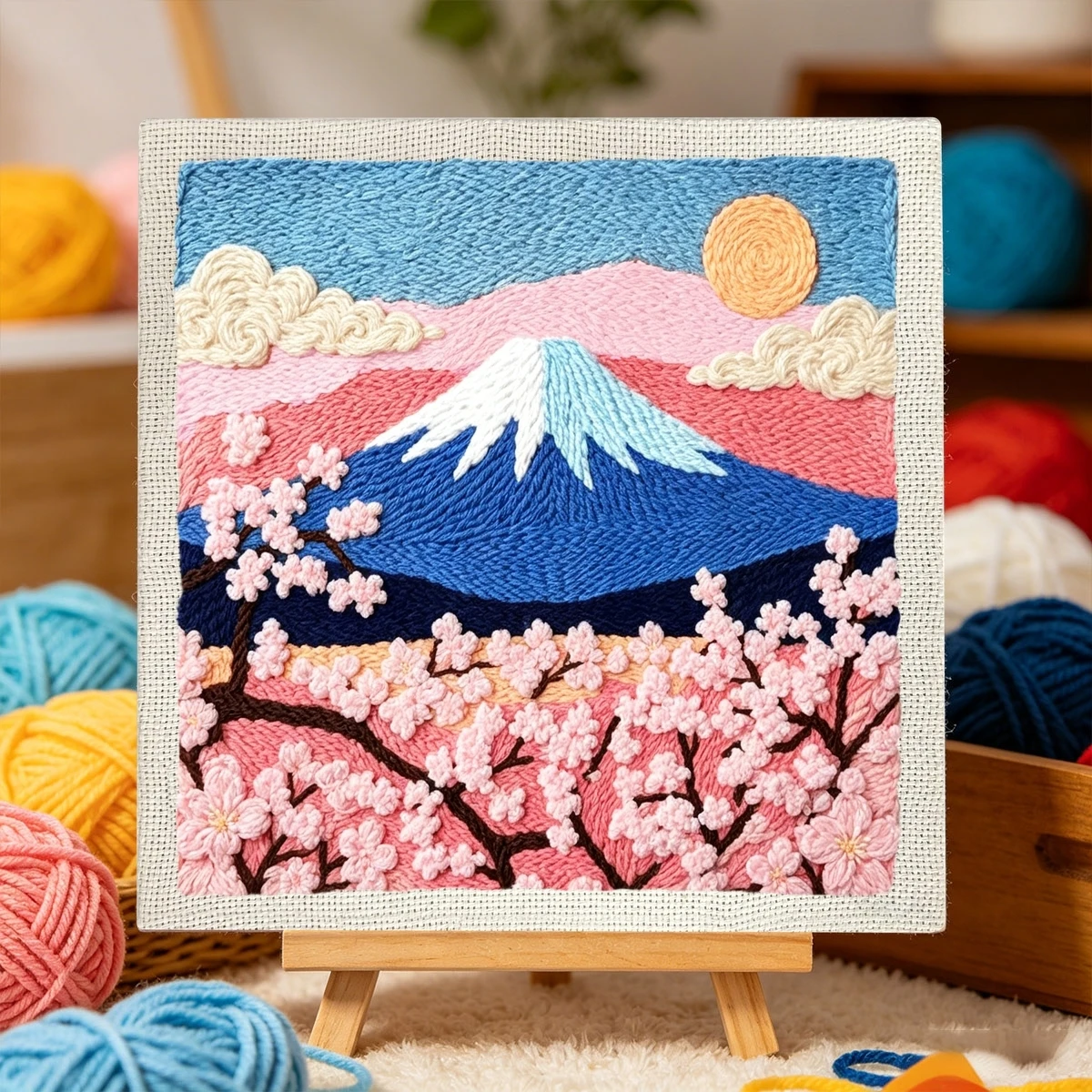 1 Set Mount Fuji Kirschblüten DIY Stickerei-Set für Anfänger, Stickerei-Starter-Kit, Kreuzstich-Kunstgeschenk, Nadelarbeiten – Detail 2