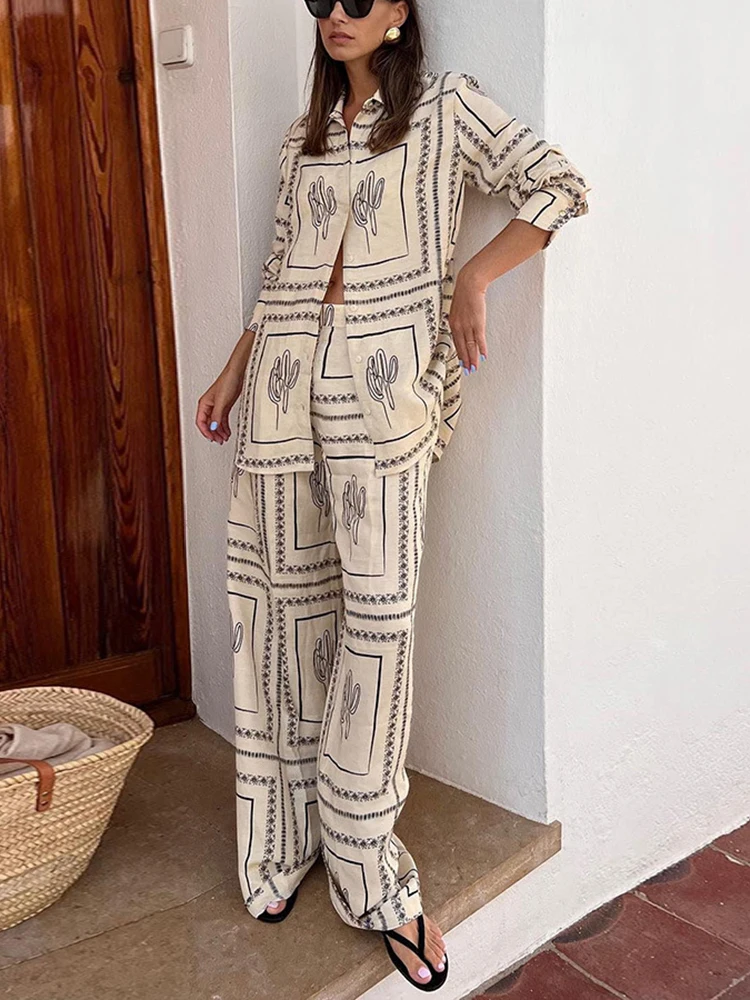 CHICEVER Printing Two Piece Set For Women Lapel Long Sleeve Top High Waist Wide Leg Pants Home Wear Suit Female 2024 Clothes New