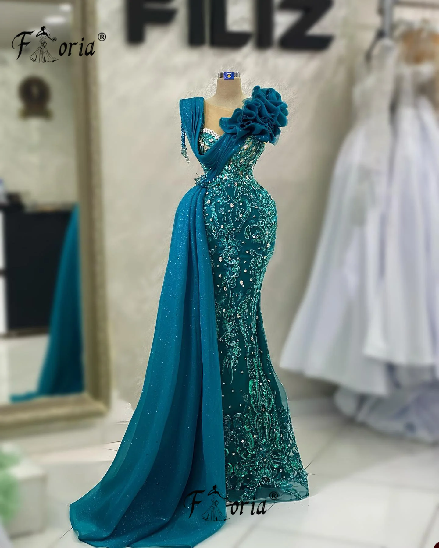 Robe de Soirée Élégante en Dentelle Perlée, Forme Sirène, Tenue Formelle, à Volants en Clip, Tulle, Longue Tenue de Bal, sur Mesure, Soi123