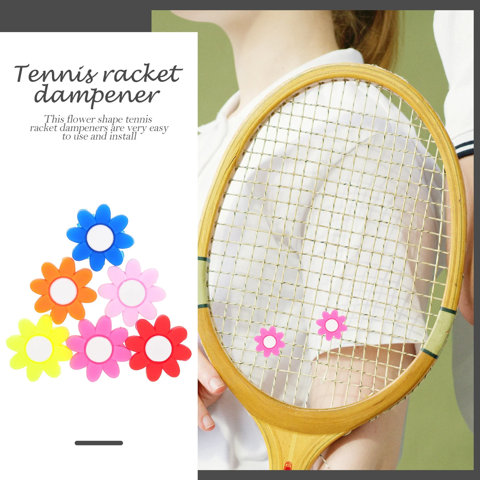

6Pcs Tennis Racket Dampener Flower Silicone Shock Absorbing Tool Easy to Install Racket Accessory Reduces Vibration Improves